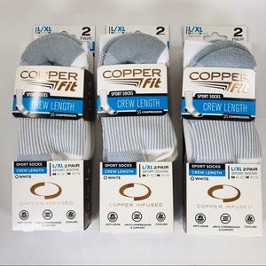 3x 2-Pack (6Pairs) COPPER FIT Crew Socks WhiteL/XL
